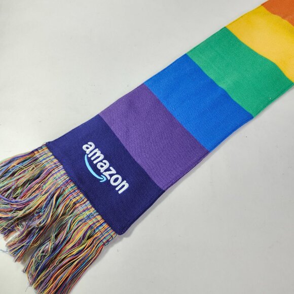 Rainbow Pride Neck Scarf 61"x7" Amazon Promo Embroidered Stitch Logo Fringe Tip - Picture 11 of 11